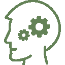 Icon of a man with thinking cogs representing a specialist