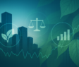 Abstract ESG concept illustration showing a modern city skyline with green leaves, balance scales, and growth bars symbolising trust, sustainability, and accountability.