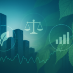 Abstract ESG concept illustration showing a modern city skyline with green leaves, balance scales, and growth bars symbolising trust, sustainability, and accountability.