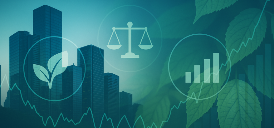 Abstract ESG concept illustration showing a modern city skyline with green leaves, balance scales, and growth bars symbolising trust, sustainability, and accountability.