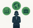 Professional woman illustration with icons for data, sustainability, and commercial skills