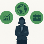 Professional woman illustration with icons for data, sustainability, and commercial skills