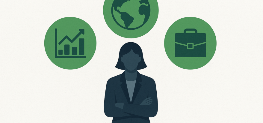 Professional woman illustration with icons for data, sustainability, and commercial skills