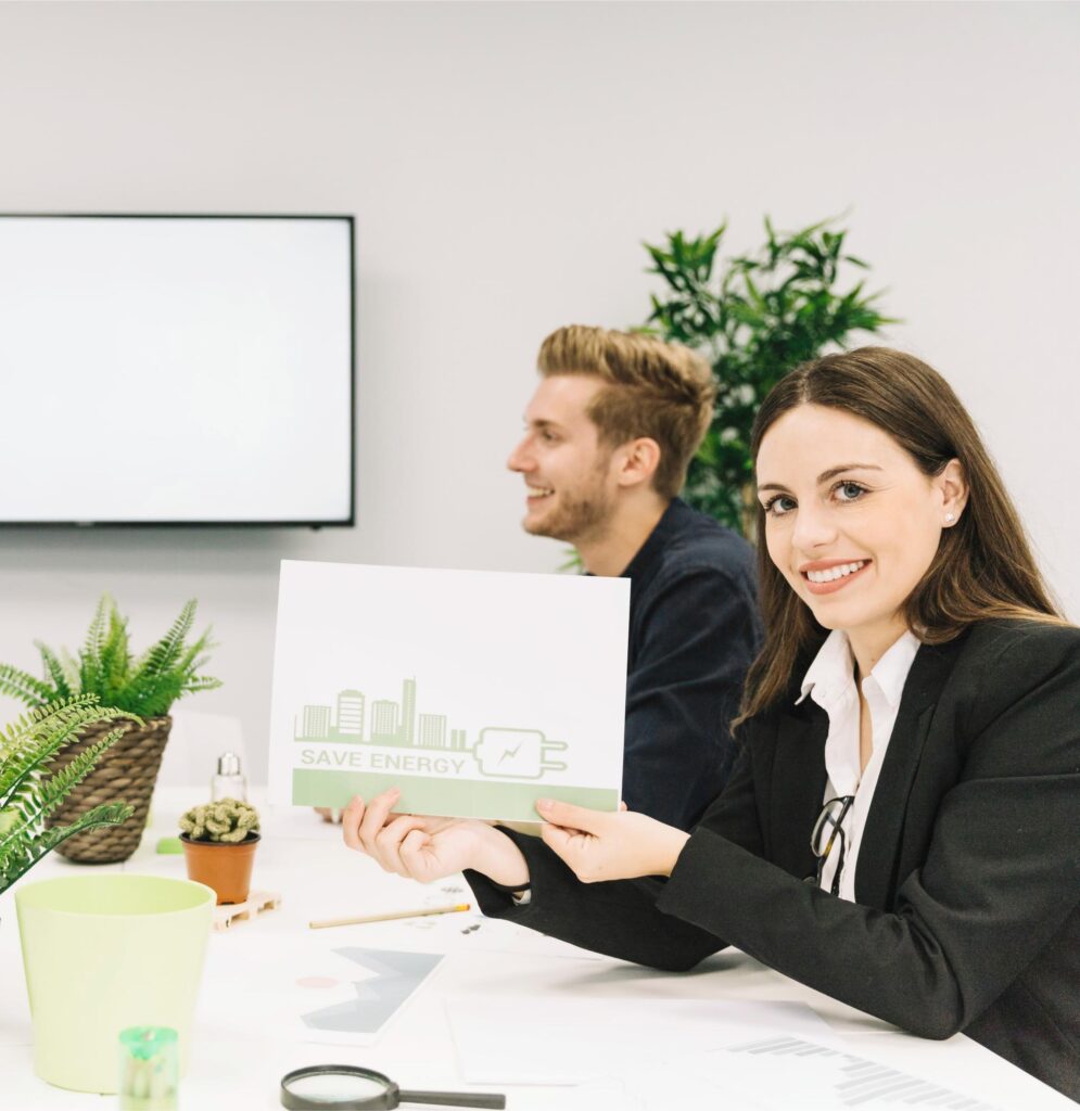 Woman illustration with icons for data, sustainability, and commercial skills